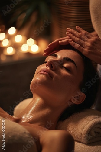 A woman is pictured receiving a relaxing facial massage at a spa. This image can be used to promote self-care and the benefits of spa treatments