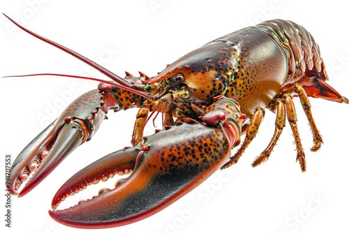A detailed close-up of a lobster on a plain white background. This image can be used in various contexts, such as seafood menus, culinary blogs, or educational materials about marine life