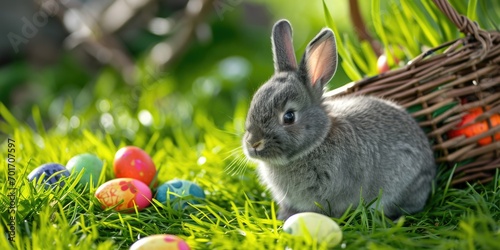 Easter gray bunny and painted multi-colored eggs fell out of a basket on the green grass, on a sunny day