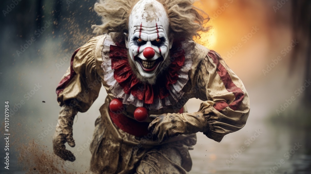Evil scary clown running fast on dramatic background. AI generated image