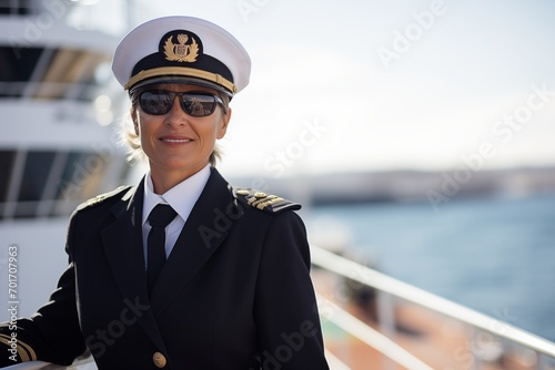 Happy and proud female captain in professional uniform on a cruise liner during the sea trip. Leadership in water
