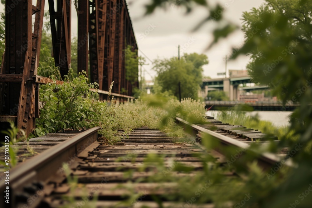 A train track running alongside a peaceful body of water. This image can be used to depict transportation, travel, or serene landscapes A train track running alongside a peaceful body of water. This image can be used to depict transportation, travel, or serene landscapes