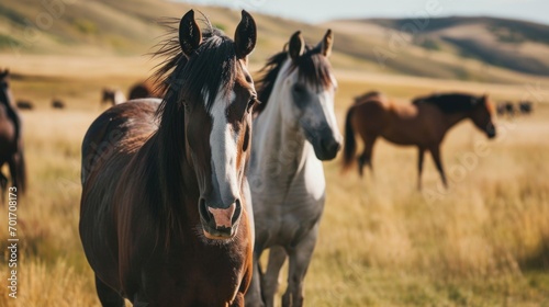 A picture of a herd of horses standing on top of a grass-covered field. This image can be used to depict the beauty of nature and the freedom of wild animals