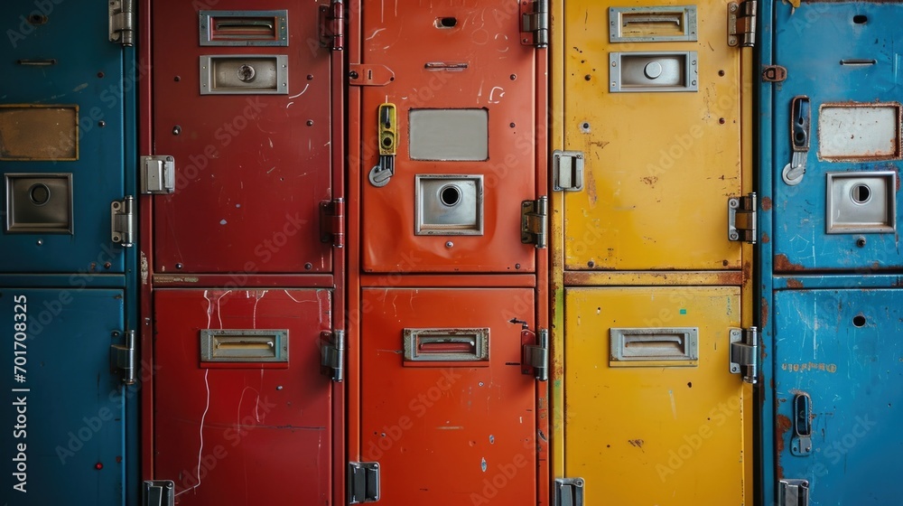 A group of vibrant lockers arranged in a row. Perfect for illustrating school, organization, storage, or personal space themes A group of vibrant lockers arranged in a row. Perfect for illustrating school, organization, storage, or personal space themes