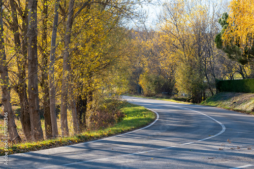 Curve in a road between fields in autumn photo