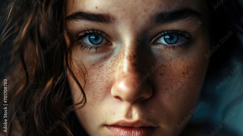 A close-up shot of a woman with beautiful freckles on her face. Perfect for beauty, skincare, and natural beauty concepts
