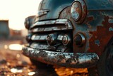 An old rusted car parked on the side of the road. Suitable for automotive, vintage, and abandoned themes
