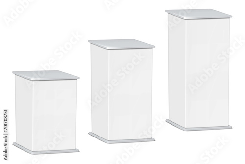 White blank tradeshow exhibition plinth. Different sizes, vector mock-up set. Trade show pedestal podium display stand mockup kit photo