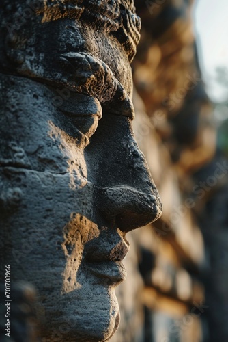 A close-up view of a statue depicting a person's face. This image can be used to convey emotions, symbolism, or as a representation of art and culture