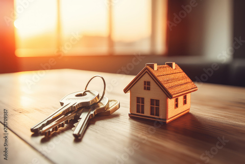 The moment of new beginnings, this image features keys on a table in a bright apartment, symbolizing mortgage approval and the journey of home ownership. photo
