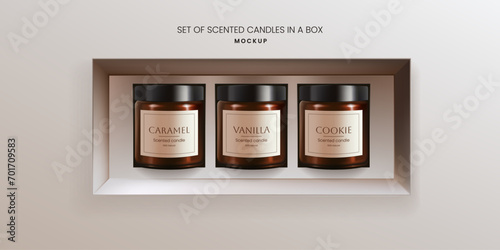 A realistic 3D vector mockup of scented vanilla candles in brown glass jars in a packaging box. The design offers an ideal template for advertising aromatherapy products. Not AI.