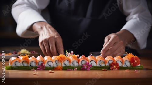 Professional chef hands preparing Sushi
