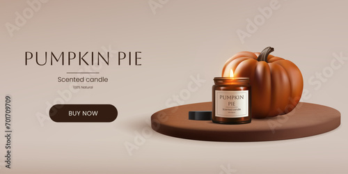 A realistic 3d banner with a wooden podium showcasing a realistic pumpkin with candle in brown jar, with a warm glow. Festive and romantic ambiance, perfect for autumn and holidays. Not AI generated