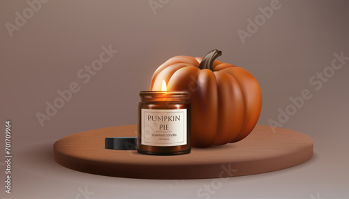 A realistic 3d scene with a wooden podium showcasing a realistic pumpkin with candle in brown jar, with a warm glow. Festive and romantic ambiance, perfect for autumn and holidays. Not AI generated