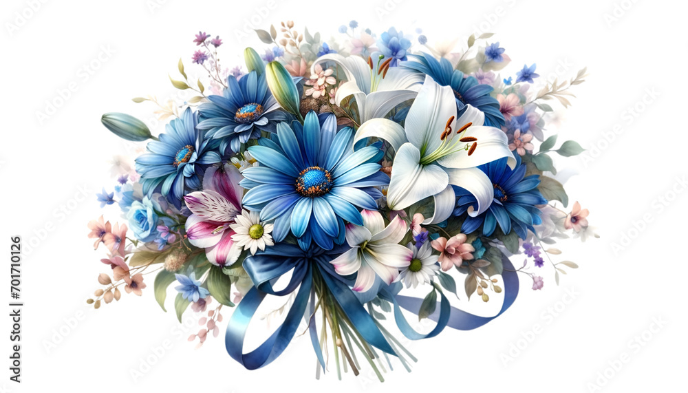 A watercolor of a very beautiful blue flower bouquet. Flowers bunch for valentine's day. - obrazy, fototapety, plakaty 
