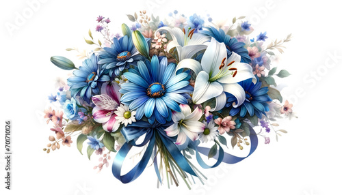 A watercolor of a very beautiful blue flower bouquet. Flowers bunch for valentine's day.