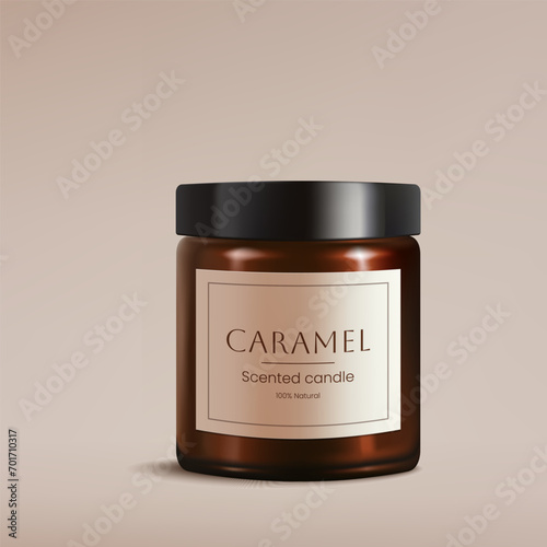 A realistic 3D illustration of a caramel scented candle in brown glass with black lid. Perfect for a spa design, packaging mockups. Creates a bright, decorative, and aromatic ambiance. Not AI.
