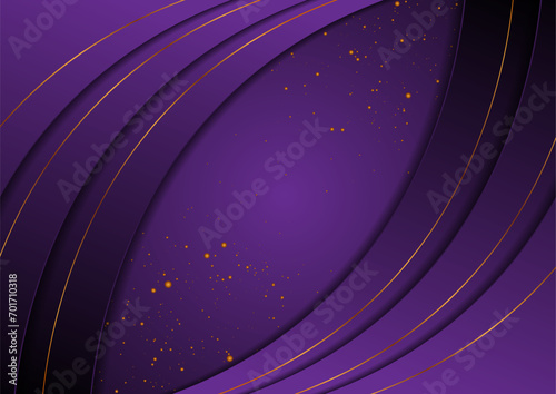 Dark violet wavy abstract background with golden particles. Geometric retro vector design