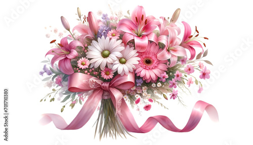 Watercolor of a very beautiful pink flower bouquet. Flowers bunch for valentine's day.