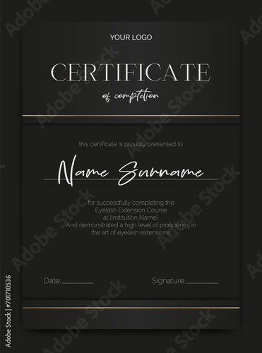 A luxurious black certificate template with a modern design. Perfect for beauty education, eyelash, or makeup artists. Elegant and abstract, ideal for awards or educational achievements. Not AI.