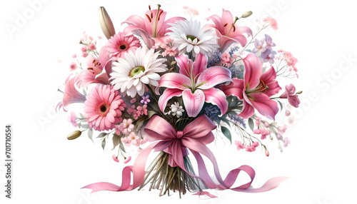Watercolor of a very beautiful pink flower bouquet. Flowers bunch for valentine's day.