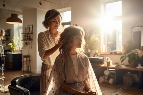 a young gorgeous female getting her hair cut, dyed and styled at the professional hair dresser's salon with light and airy interior photo