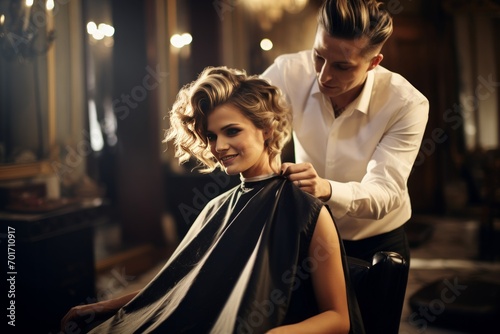 a young gorgeous female getting her hair cut, dyed and styled at the professional hair dresser's salon with light and airy interior