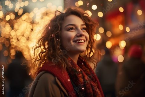 Happy young man on the street in winter in a festive atmosphere with lights