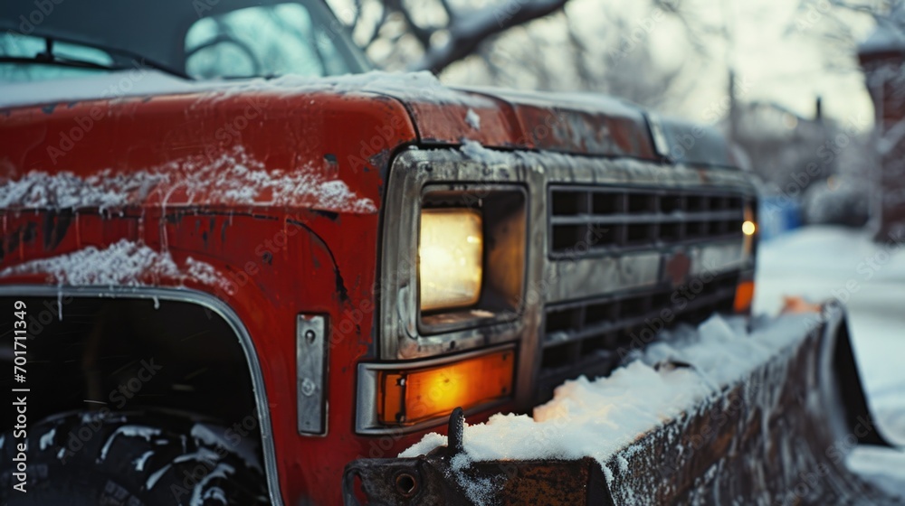 A red truck parked in the snow, suitable for winter and transportation themes A red truck parked in the snow, suitable for winter and transportation themes