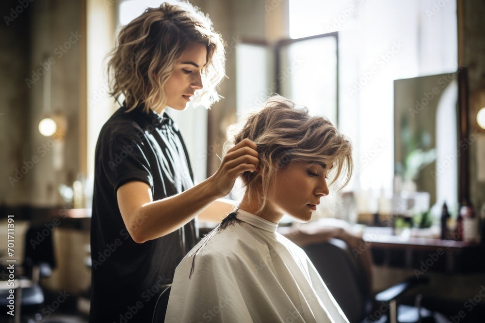 a young gorgeous female getting her hair cut, dyed and styled at the professional hair dresser's salon with light and airy interior a young gorgeous female getting her hair cut, dyed and styled at the professional hair dresser's salon with light and airy interior