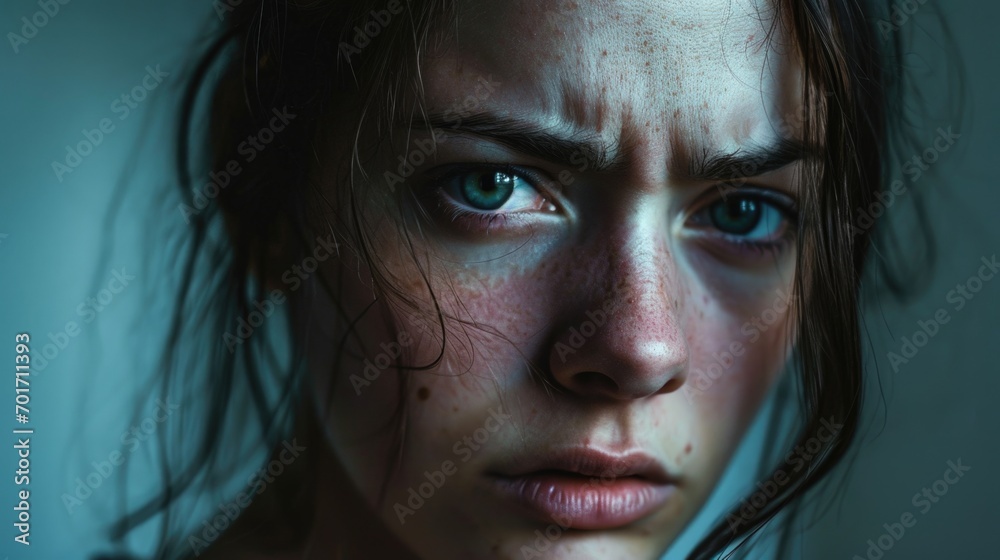 A close up view of a woman's face highlighting her captivating blue eyes. This image can be used to convey emotions, beauty, or as a representation of the human eye A close up view of a woman's face highlighting her captivating blue eyes. This image can be used to convey emotions, beauty, or as a representation of the human eye