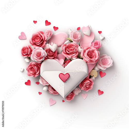 Top view of valentine's day envelope with paper sheet isolated on white background.
