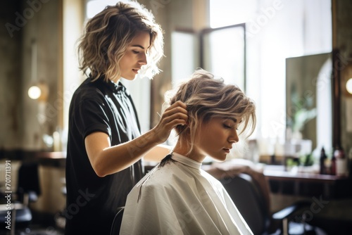 a young gorgeous female getting her hair cut, dyed and styled at the professional hair dresser's salon with light and airy interior