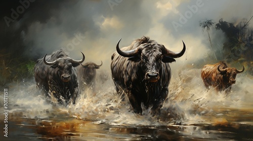 Migrating wildebeests. A dramatic scene of wildebeest. AI generate illustration photo