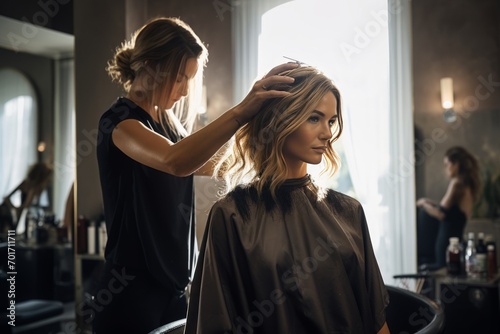 a young gorgeous female getting her hair cut, dyed and styled at the professional hair dresser's salon with light and airy interior