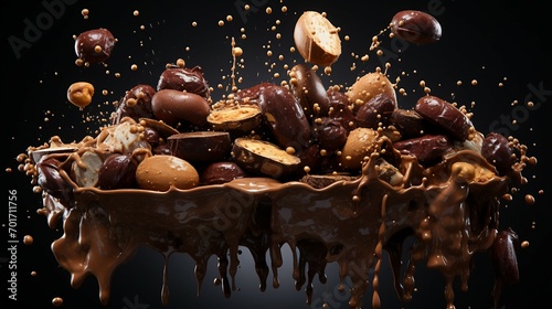 Multiple chocolate splashes frozen in the air. AI generate illustration