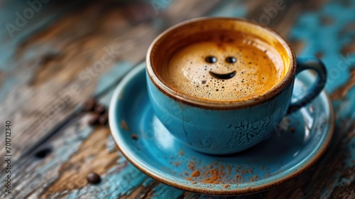 tasse de café bleu avec un sourire. photo