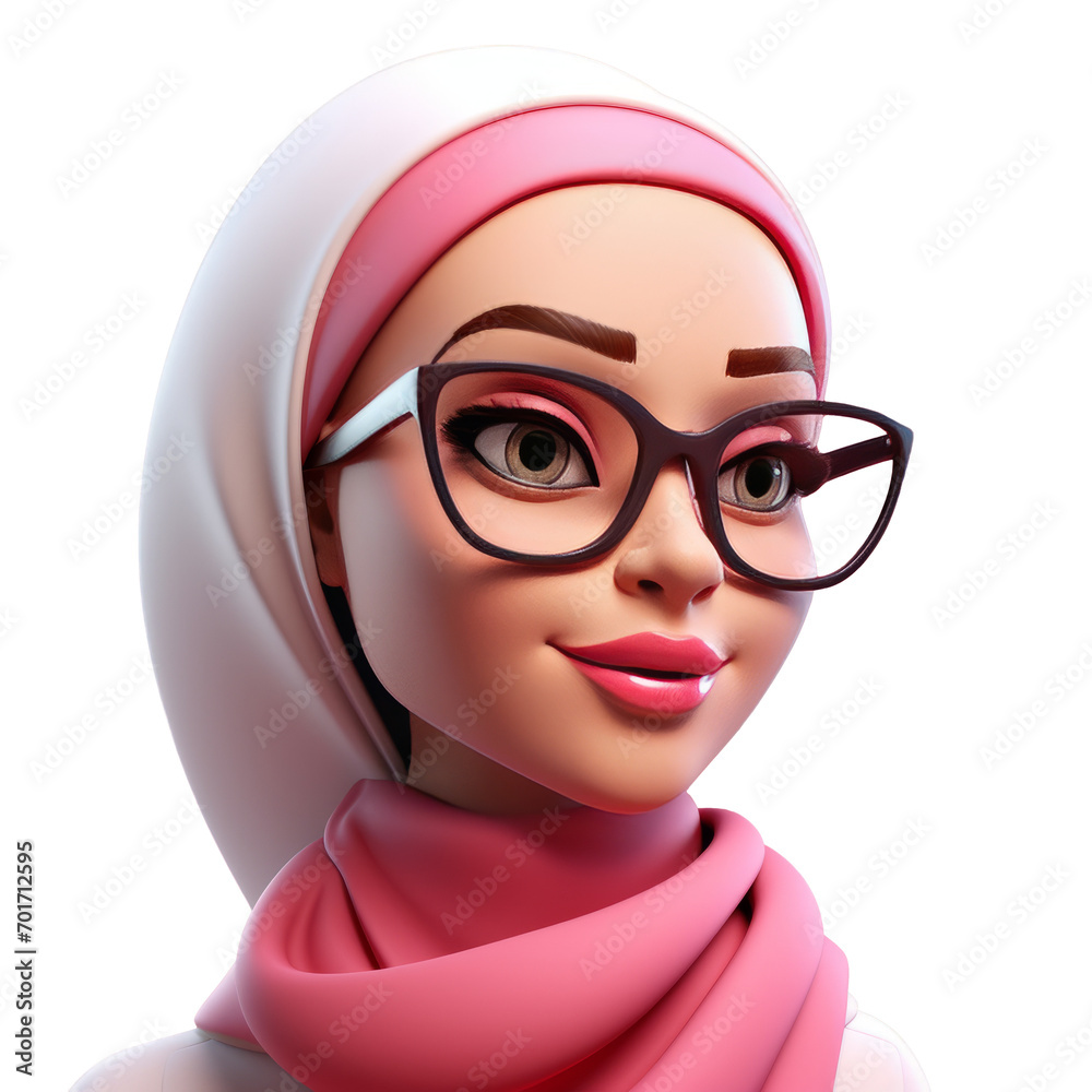 3d illustration of an Islamic woman avatar wearing a hijab, isolated transparent background 3d illustration of an Islamic woman avatar wearing a hijab, isolated transparent background