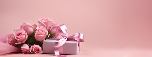 Valentine's Day, wedding, birthday celebration holiday greeting card banner concept - Pink bunch bouquet of roses flowers and gift box with ribbon, present on table
