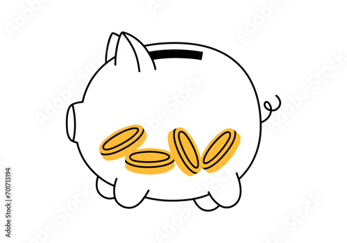 Hand drawn cute outline illustration of piggy bank with coins inside. Flat vector moneybox for savings sticker in line art doodle style. Financial literacy or bank deposit icon or print. Isolated.