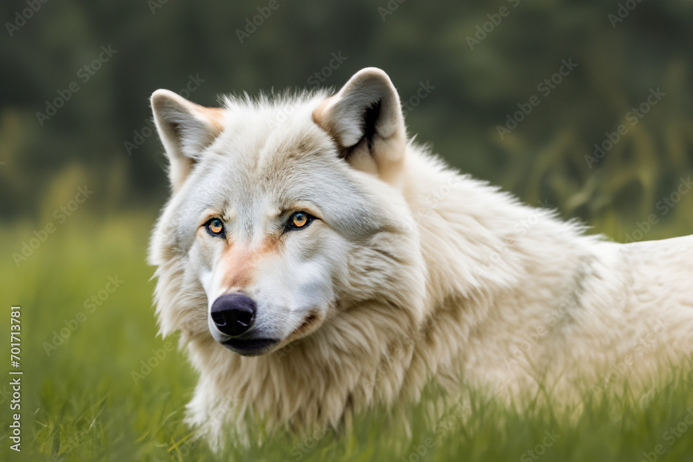 White Wolf. white timber wolf in a clearing, close-up of the animal's muzzle. predators concept