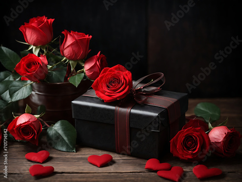 Valentine s Day Gift with Red Roses on a Dark Wood Background