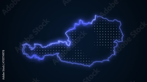 Neon Blue Austria Map Borders Outline Loop Background. Neon Blue Colored Austria Map Borders Outline Seamless Loop Dark Background. Austria Neon Map Borders Outline.