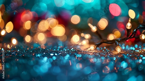 Bright and colorful Christmas lights create a bokeh effect on a shiny background. Festive and magical atmosphere