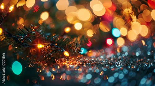 Bright and colorful Christmas lights create a bokeh effect on a shiny background. Festive and magical atmosphere