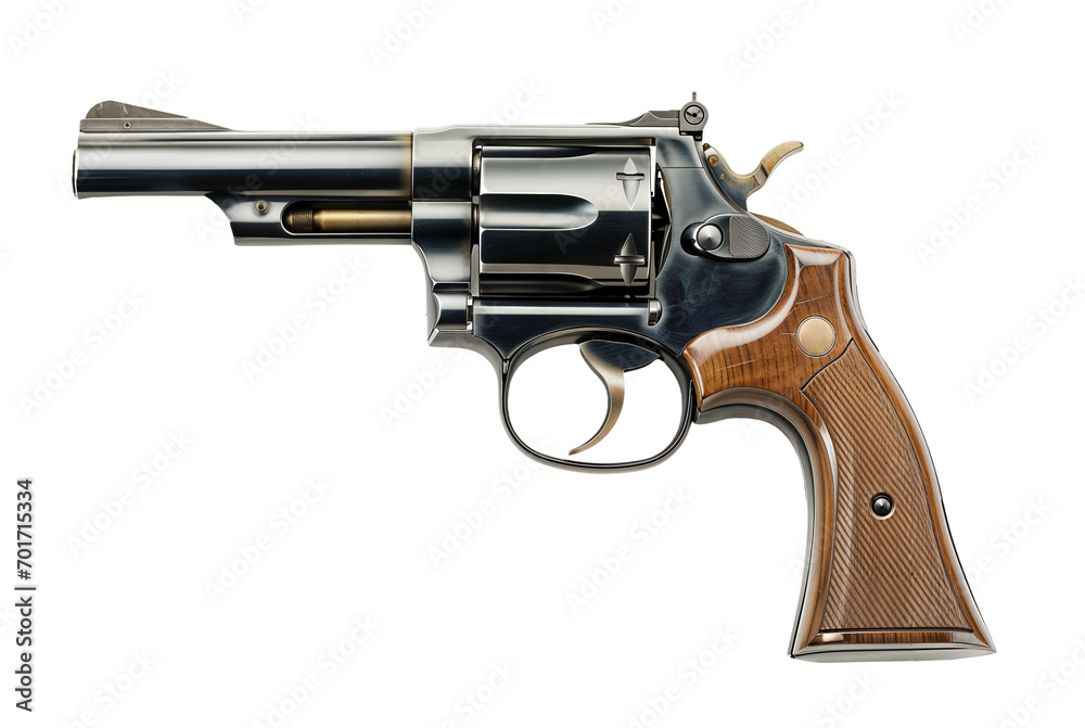 Generic wooden brown revolver gun png, isolated on white or transparent background, steel firearm, weapon pistol cut out