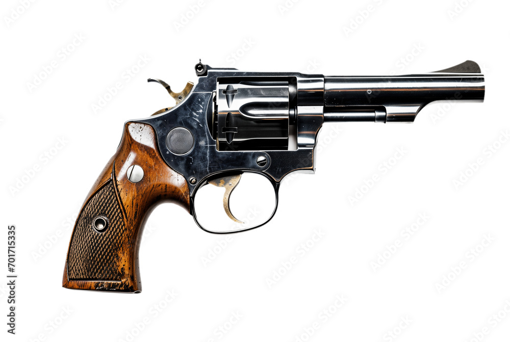 Generic wooden brown revolver gun png, isolated on white or transparent background, steel firearm, weapon pistol cut out