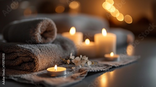 Closeup of burning candles spreading aroma on table in a spa room. Beautiful composition with grey and white candles for spa treatment,