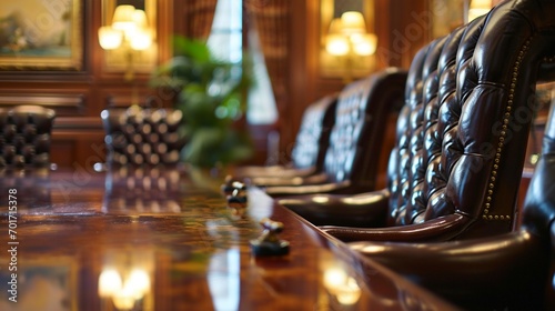 Corporate boardroom with a polished mahogany table and leather chairs