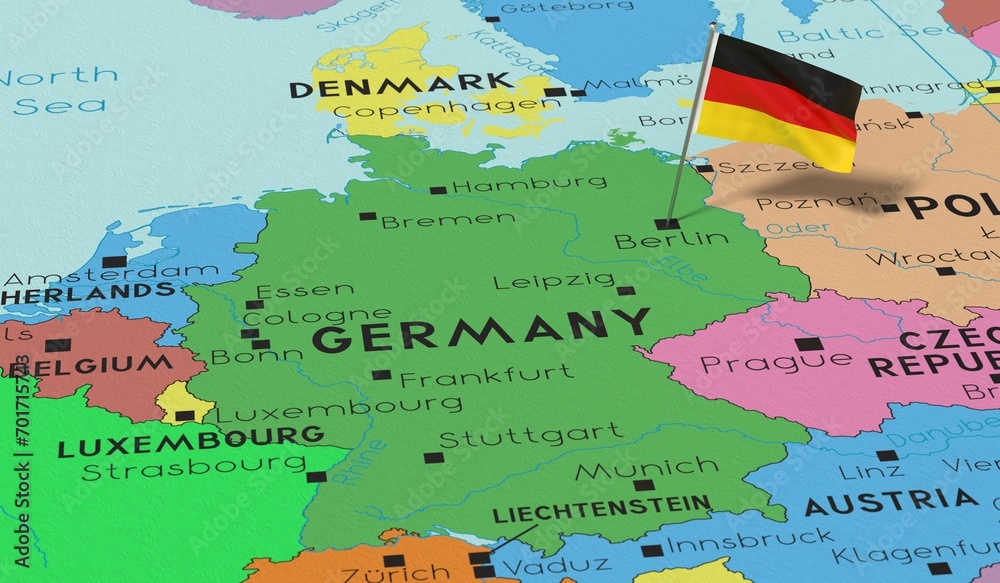 Fototapeta premium Germany, Berlin - national flag pinned on political map - 3D illustration